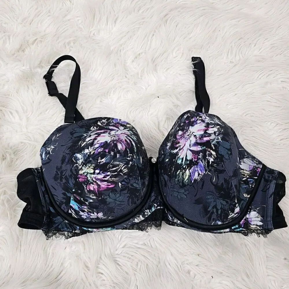 Cacique Bra Floral Print Black Navy Purple Lace Balconette Underwire 44D